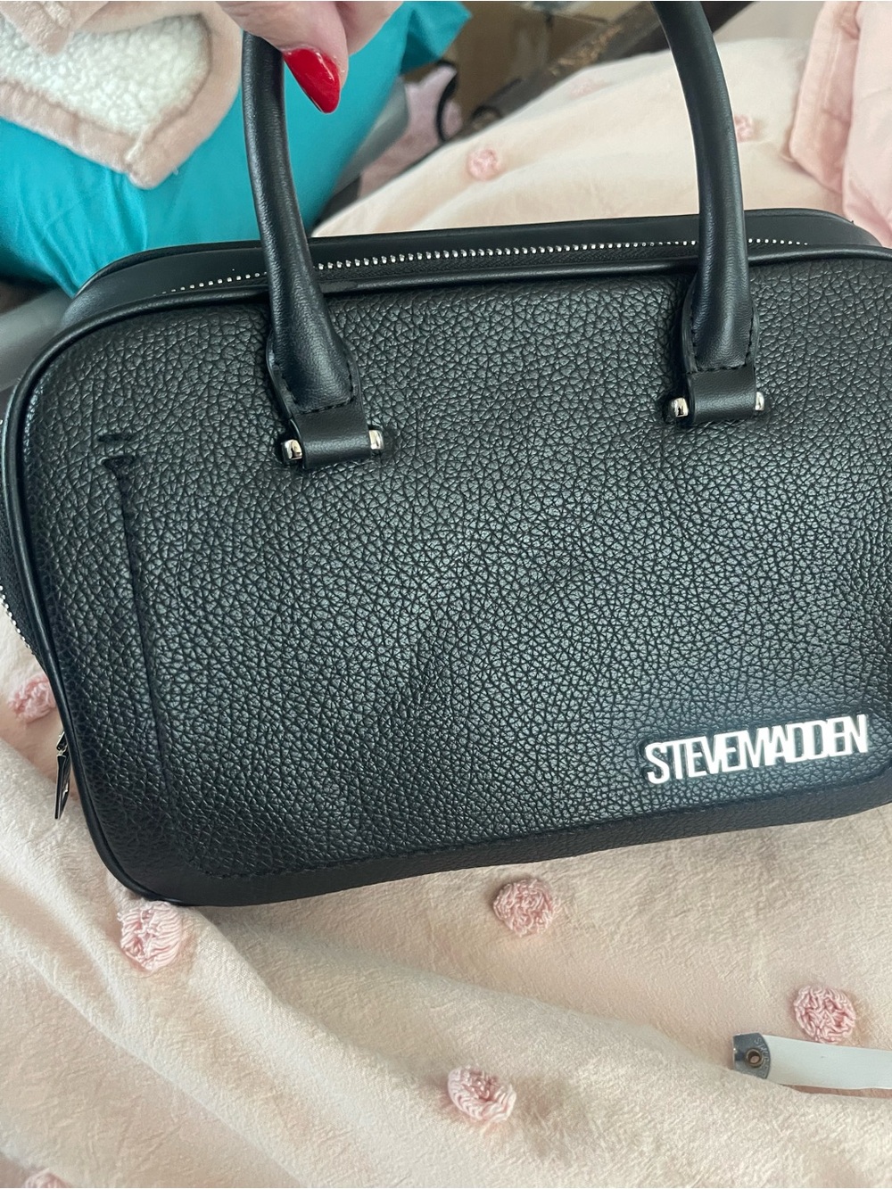 Steve Madden Black Pebbled Messenger Satchel with White Logo